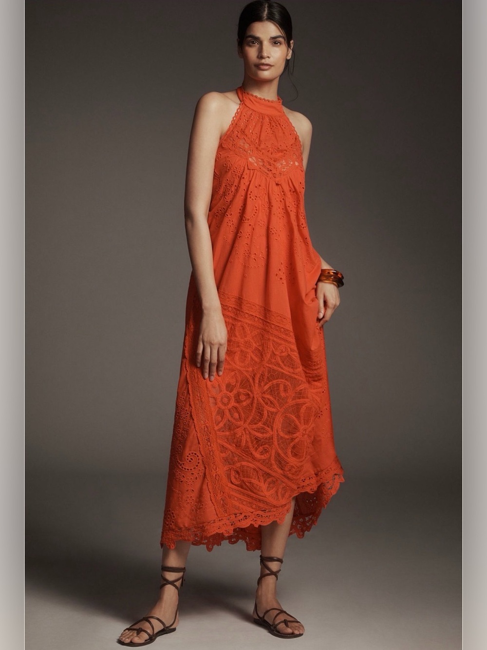 Anthropologie Halter Cutwork Lace Maxi Long Open Back Orange Red Boho Dress LM